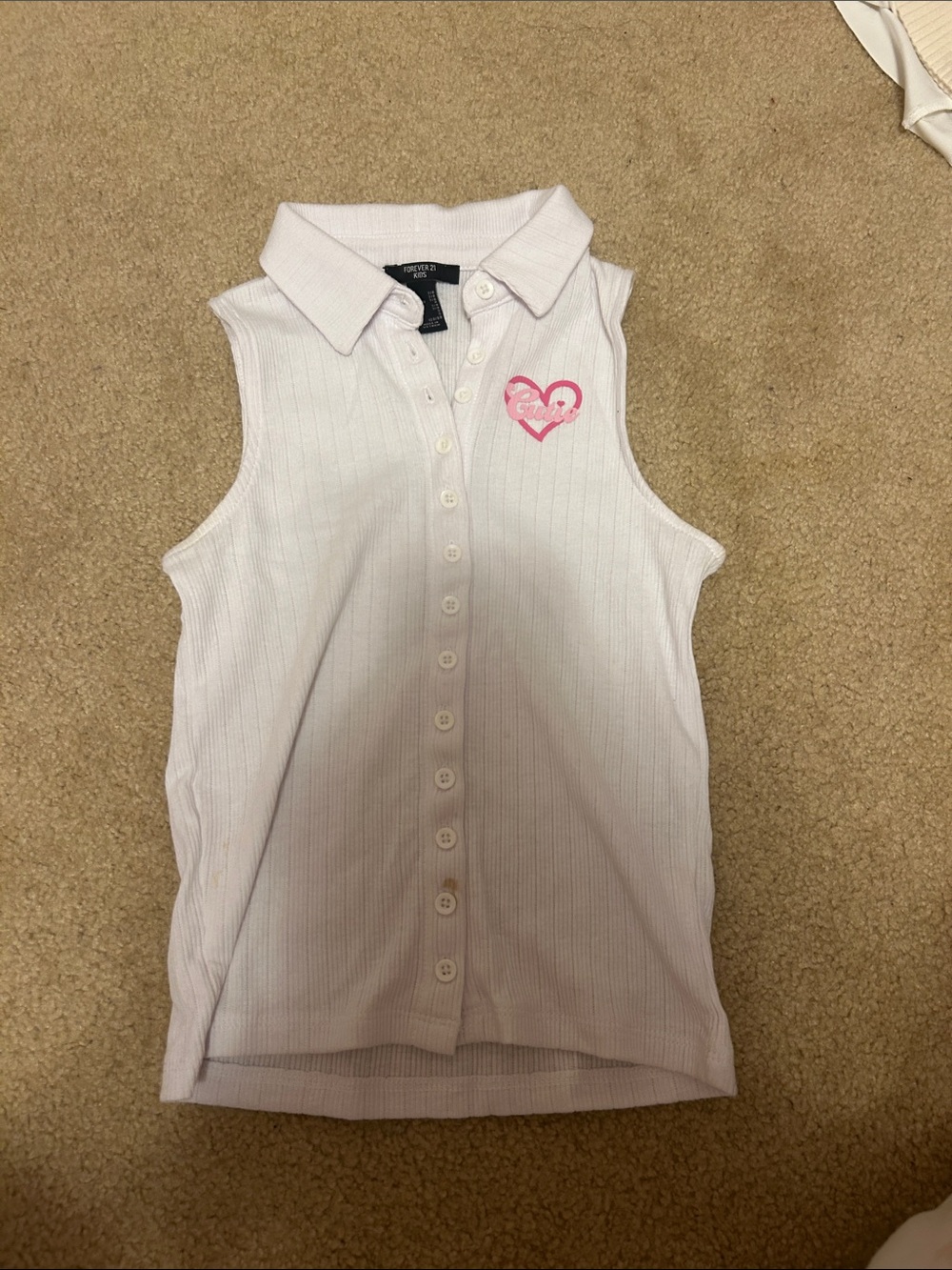 Forever 21 Kids White Ribbed Sleeveless Button-Up Tank with Pink Heart Detail
